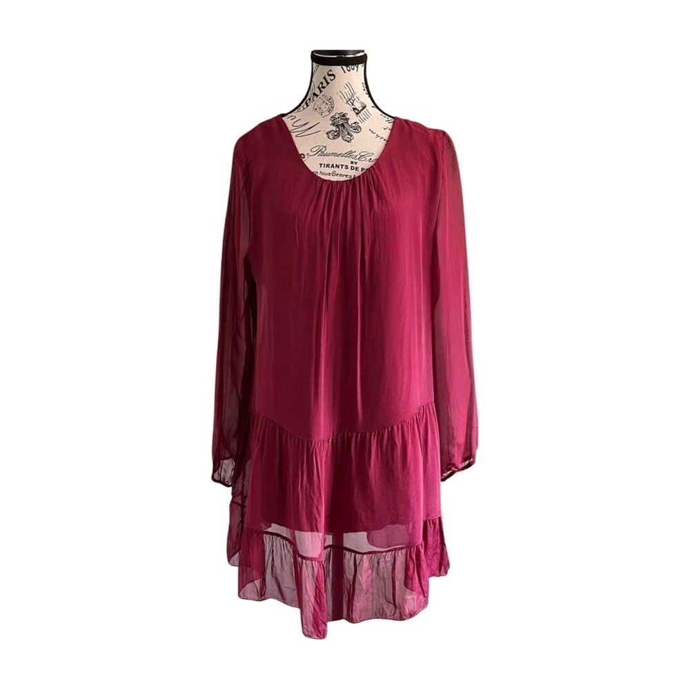 Made in Italy red maroon long blouse tunic tiered sheer silk blend
